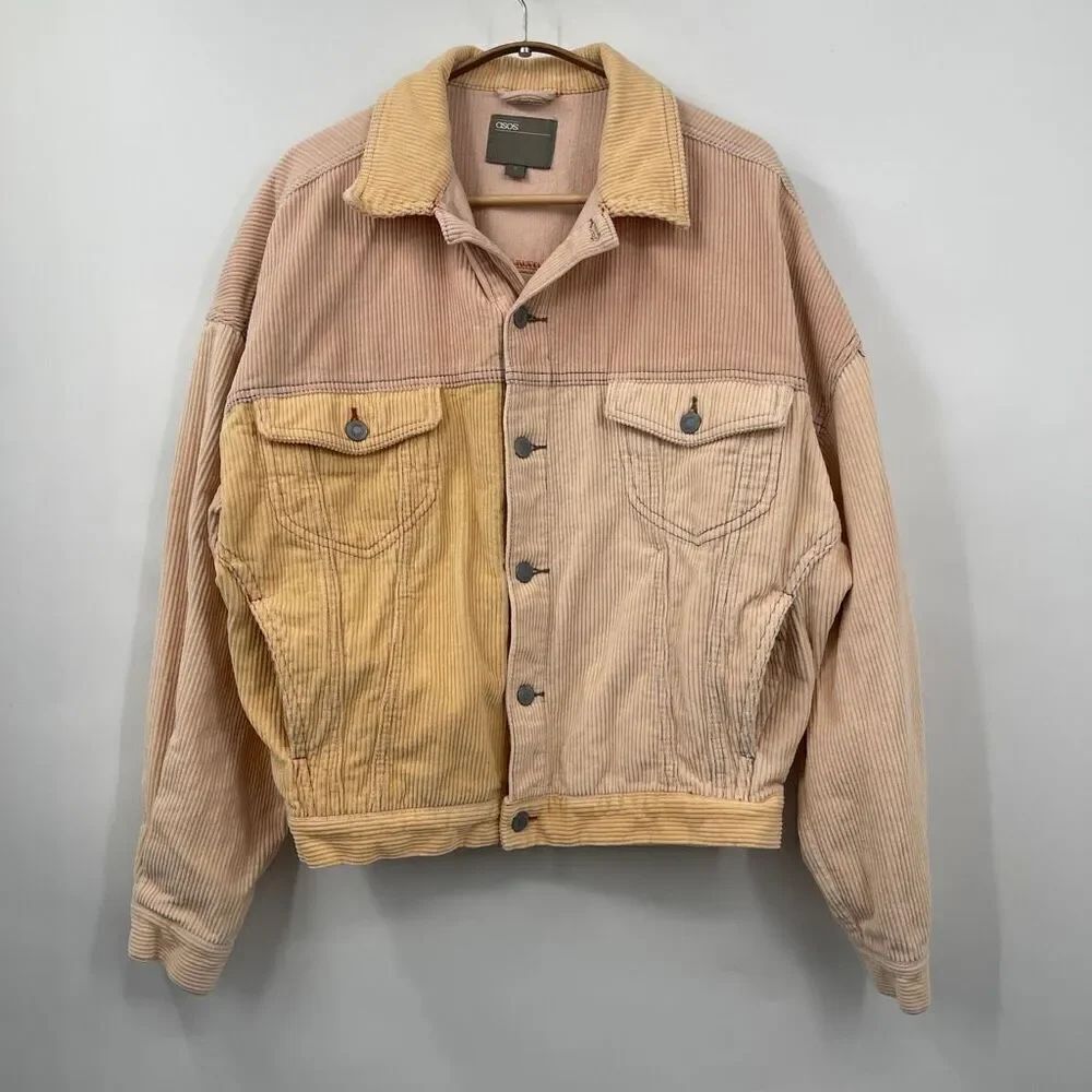 ASOS Color Block Corduroy Trucker Jacket in Pink,Yellow and Tan Sz SM